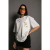 Unisex Bisiklet Yaka Baskılı Oversize T-shirt - Beyaz
