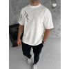 Unisex Bisiklet Yaka Baskılı Oversize T-shirt - Beyaz