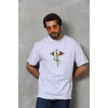 Unisex Bisiklet Yaka Baskılı Oversize T-shirt - Beyaz