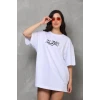 Unisex Bisiklet Yaka Baskılı Oversize T-shirt - Beyaz