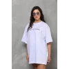 Unisex Bisiklet Yaka Baskılı Oversize T-shirt - Beyaz