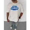 Unisex Bisiklet Yaka Baskılı Oversize T-shirt - Beyaz