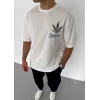 Unisex Bisiklet Yaka Baskılı Oversize T-shirt - Beyaz