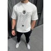 Unisex Bisiklet Yaka Baskılı Oversize T-shirt - Beyaz