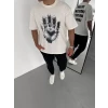 Unisex Bisiklet Yaka Baskılı Oversize T-shirt - Beyaz