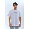 Unisex Bisiklet Yaka Baskılı Oversize T-shirt - Beyaz