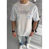 Unisex Bisiklet Yaka Baskılı Oversize T-shirt - Beyaz