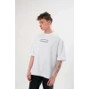 Unisex Bisiklet Yaka Baskılı Oversize T-shirt - Beyaz