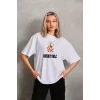 Unisex Bisiklet Yaka Baskılı Oversize T-shirt - Beyaz
