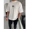Unisex Bisiklet Yaka Baskılı Oversize T-shirt - Beyaz