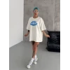 Unisex Bisiklet Yaka Baskılı Oversize T-shirt - Beyaz