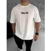 Unisex Bisiklet Yaka Baskılı Oversize T-shirt - Beyaz