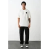 Unisex Bisiklet Yaka Baskılı Oversize T-shirt - Beyaz