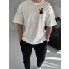 Unisex Bisiklet Yaka Baskılı Oversize T-shirt - Beyaz