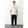 Unisex Bisiklet Yaka Baskılı Oversize T-shirt - Beyaz