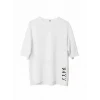 Unisex Bisiklet Yaka Baskılı Oversize T-shirt - Beyaz