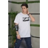 Unisex Bisiklet Yaka Baskılı Oversize T-shirt - Beyaz