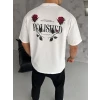 Unisex Bisiklet Yaka Baskılı Oversize T-shirt - Beyaz