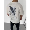 Unisex Bisiklet Yaka Baskılı Oversize T-shirt - Beyaz