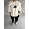 Unisex Bisiklet Yaka Baskılı Oversize T-shirt - Beyaz