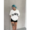 Unisex Bisiklet Yaka Baskılı Oversize T-shirt - Beyaz