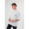 Unisex Bisiklet Yaka Baskılı Oversize T-shirt - Beyaz