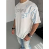 Unisex Bisiklet Yaka Baskılı Oversize T-shirt - Beyaz