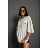 Unisex Bisiklet Yaka Baskılı Oversize T-shirt - Beyaz