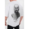 Unisex Bisiklet Yaka Baskılı Oversize T-shirt - Beyaz
