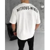 Unisex Bisiklet Yaka Baskılı Oversize T-shirt - Beyaz
