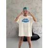 Unisex Bisiklet Yaka Baskılı Oversize T-shirt - Beyaz
