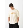 Unisex Bisiklet Yaka Baskılı Oversize T-shirt - Beyaz