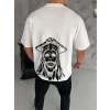 Unisex Bisiklet Yaka Baskılı Oversize T-shirt - Beyaz
