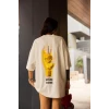 Unisex Bisiklet Yaka Baskılı Oversize T-shirt - Beyaz
