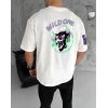 Unisex Bisiklet Yaka Baskılı Oversize T-shirt - Beyaz