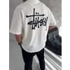 Unisex Bisiklet Yaka Baskılı Oversize T-shirt - Beyaz