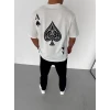 Unisex Bisiklet Yaka Baskılı Oversize T-shirt - Beyaz
