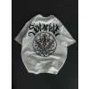 Unisex Bisiklet Yaka Baskılı Oversize T-shirt - Beyaz