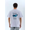 Unisex Bisiklet Yaka Baskılı Oversize T-shirt - Beyaz