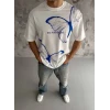Unisex Bisiklet Yaka Baskılı Oversize T-shirt - Beyaz