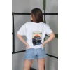 Unisex Bisiklet Yaka Baskılı Oversize T-shirt- Beyaz
