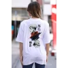Unisex Bisiklet Yaka Baskılı Oversize T-shirt - Beyaz