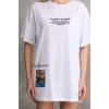Unisex Bisiklet Yaka Baskılı Oversize T-shirt - Beyaz
