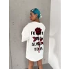 Unisex Bisiklet Yaka Baskılı Oversize T-shirt - Beyaz