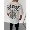 Unisex Bisiklet Yaka Baskılı Oversize T-shirt - Beyaz