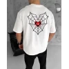 Unisex Bisiklet Yaka Baskılı Oversize T-Shirt - Beyaz