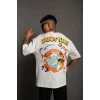 Unisex Bisiklet Yaka Baskılı Oversize T-shirt - Beyaz