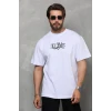 Unisex Bisiklet Yaka Baskılı Oversize T-shirt - Beyaz