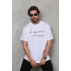 Unisex Bisiklet Yaka Baskılı Oversize T-shirt - Beyaz