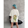 Unisex Bisiklet Yaka Baskılı Oversize T-shirt - Beyaz